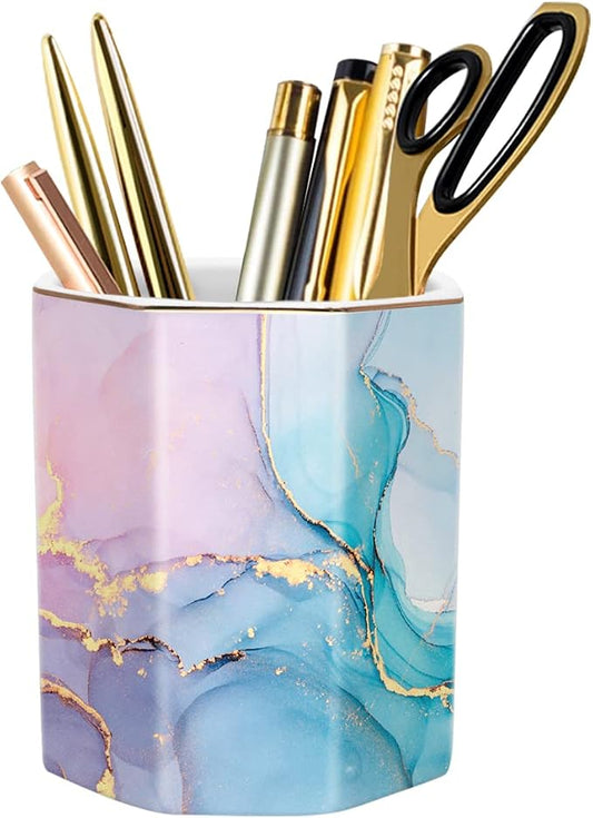 Ceramic Marble Pen Holder, Cute Stationery Holder for Office, Makeup Brush Holder for Girl Women, Colorful Green