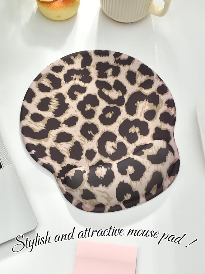 Leopard Mouse Pad Wrist Support Wrist Rest, Ergonomic Mouse Pad with Non-Slip Base for Office Gaming Working Computers,Desk Accessories Pain Relief Mouse Mat for Home&Game Decor, Light Brown