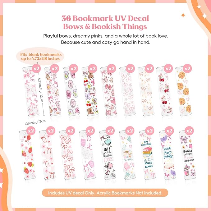 Kaciola 36 Sheets Pink Bow Theme UV DTF Bookmark Wraps, Acrylic Bookmark Blanks UV DTF Stickers, Rub on Transfers for Book Lover DIY (Blank Bookmarks Not Included)