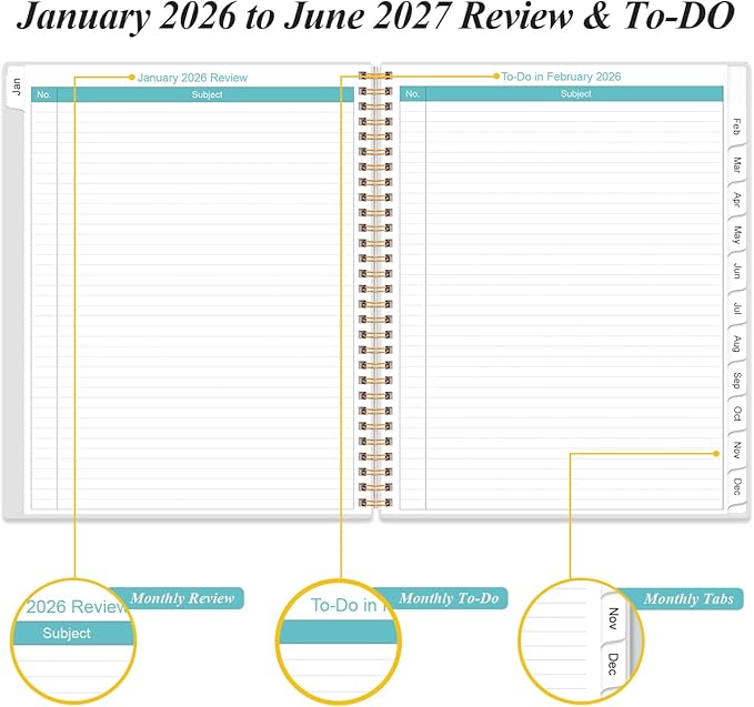 2026-2027 Monthly Planner - 18 Monthly Calendar, January 2026 - June 2027, Two Pages Per Month, 9" x11" Planner with Tabs, Strong Twin-Wire Binding, Inner Pocket, Teal Floral