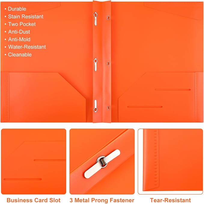 Tenceur 48 Pack Plastic Folders with 3 Prongs Bulk Heavy Duty Folders with Clear Front Pockets and Card Slots with Fasteners Fit Letter-Size Papers for Work School Office (Orange)