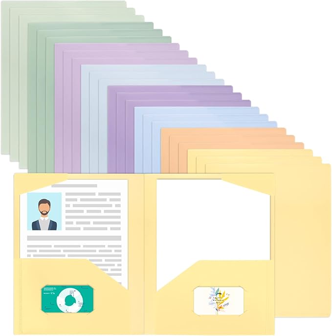 EOOUT 24pcs Plastic Folders with Pockets, Heavy Duty Pocket Folders, 2 Pocket File Folders with 2 Business Card Holder, 8 Colors, Letter Size, A4 Size, for Office School Filing Supplies