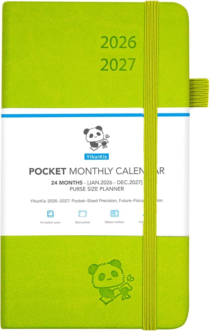 Pocket Monthly Planner 2026-2027 by YihurKis - 2 Year Pocket Monthly Calendar (Jan.2026 - Dec.2027), 4 Page Per Month with Expense Pages 3.5" x 6", Leather Hard Cover, 100GSM Thick Paper - Green