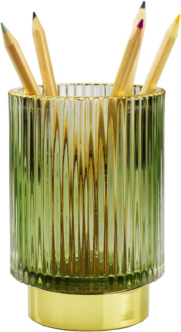 Thick Glass Pen Pot Cute Decorative Pencil Holder Cup for Desk Makeup Brush Holder for Home Office (Green)