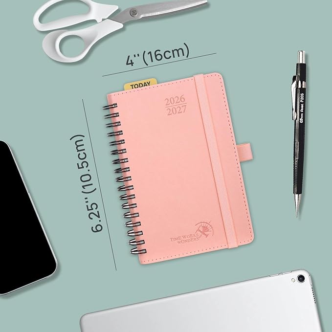 POPRUN Pocket Planner 2026-2027 (Purse Size 4'' x 6.25'') Academic Small Calendar (July 2026 - June 2027) with Hourly Time Slots, 100GSM Thick Papers, Spiral Leather Cover - Pink