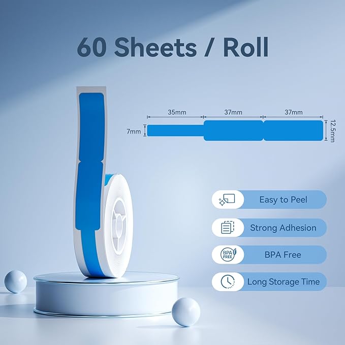 NIIMBOT Thermal Transfer Cable Labels 0.49" x 4.29", Only for N1(B18) Label Maker, PET Material, Waterproof and High-Temperature Resistance, Long Storage Time, 1 Roll of 60, Blue