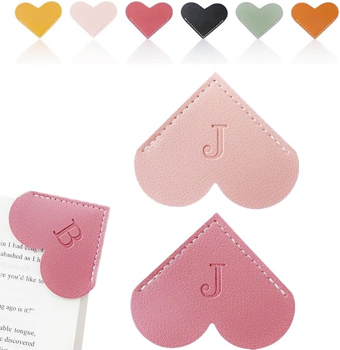 Personalized Leather Heart Bookmark, 26 Letters Customized Corner Book Mark for Reading Women, Book Marker with Initials，Cute Gifts (Light Pink+Deep Pink, J)