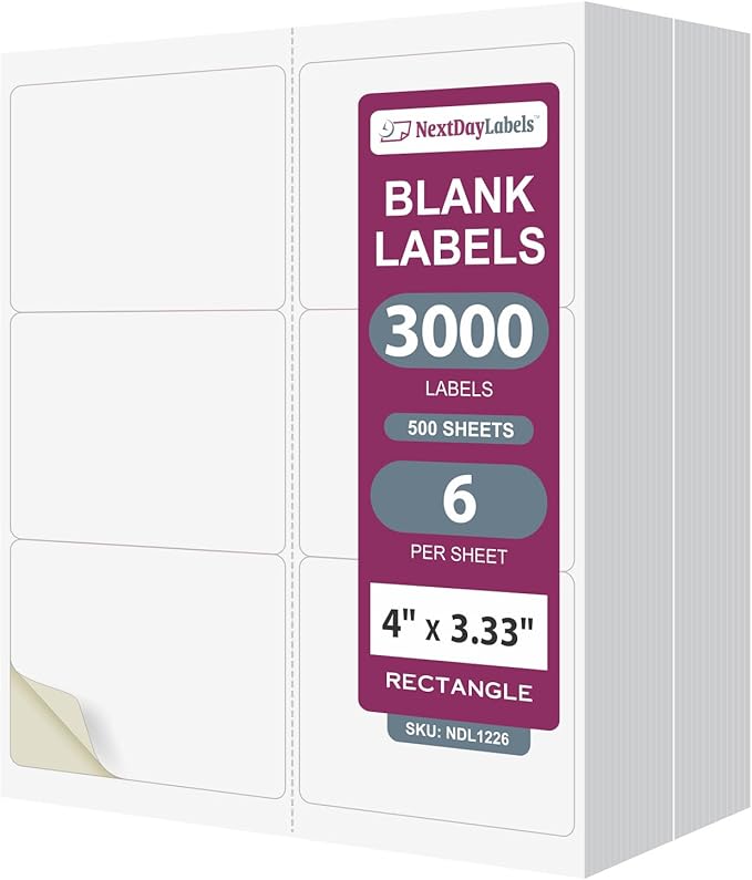 NextDayLabels 4x3.33 Inch Rectangle Stickers White Blank Labels for Laser Inkjet Printer - 6 Per Sheet Self-Adhesive Shipping Address Mailing Made in USA - 3000 Labels