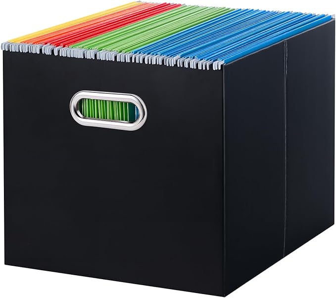 Oterri File Organizer Box, Portable Collapsible Cardboard File Folder Organizer with Handle for Letter Size Hanging Files, Document Storage Box for Home Office & Classroom (1 Pack, Black)