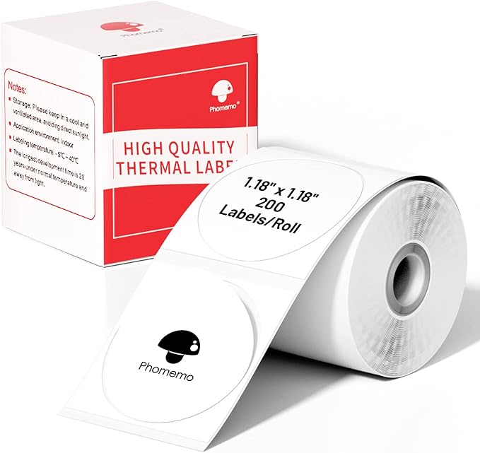Phomemo Multi-Purpose Self-Adhesive Round Circle Label for Phomemo M110/M110S/M120/M200/M220 Label Maker, 1.18'' x 1.18'' (30x30 mm) Thermal Labels for Barcode, DIY Logo Design, Black on White