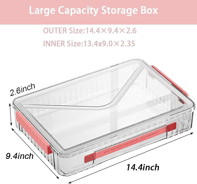 2 Pack Clear Plastic File Storage Boxes with Latching Lids, Transparent Certificate Organizer, Portable Project Case for Drawers, Clear Stackable File Box for A4 Files (‎Red Latches, Large)