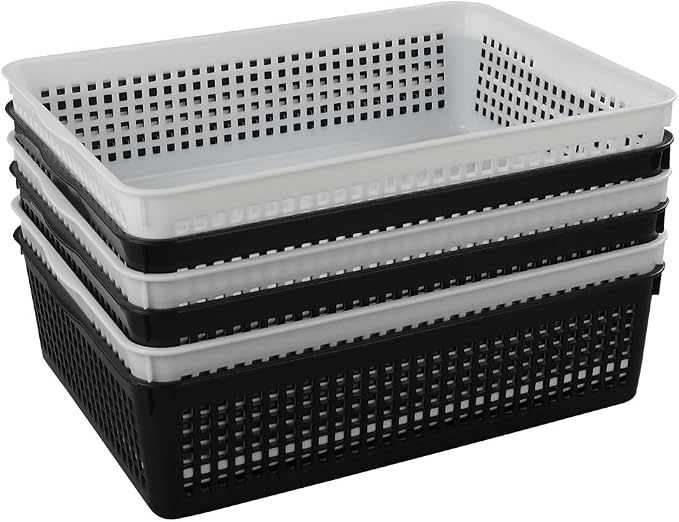 Teyyvn Rectangular Plastic A4 Paper Storage Baskets Trays, Set of 6 Letter Size Plastic Baskets