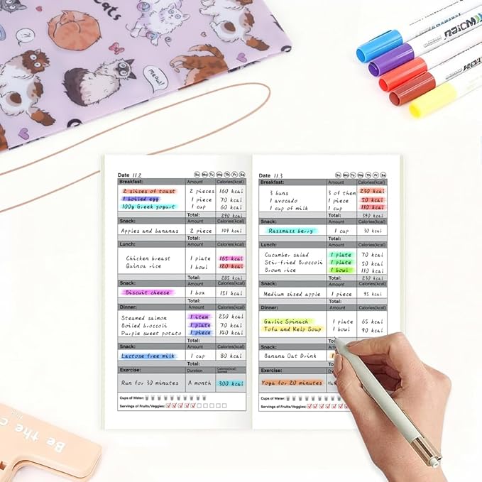 E-WEICHEN Pocket Planner Notebook with Plastic Sleeve, Daily Food Planner Refills, 30Sheets, 8.25x4.25inches Regular TN Journal Notebooks,Travelers Notebook Insert for for for Diet Goals.Pink Cat