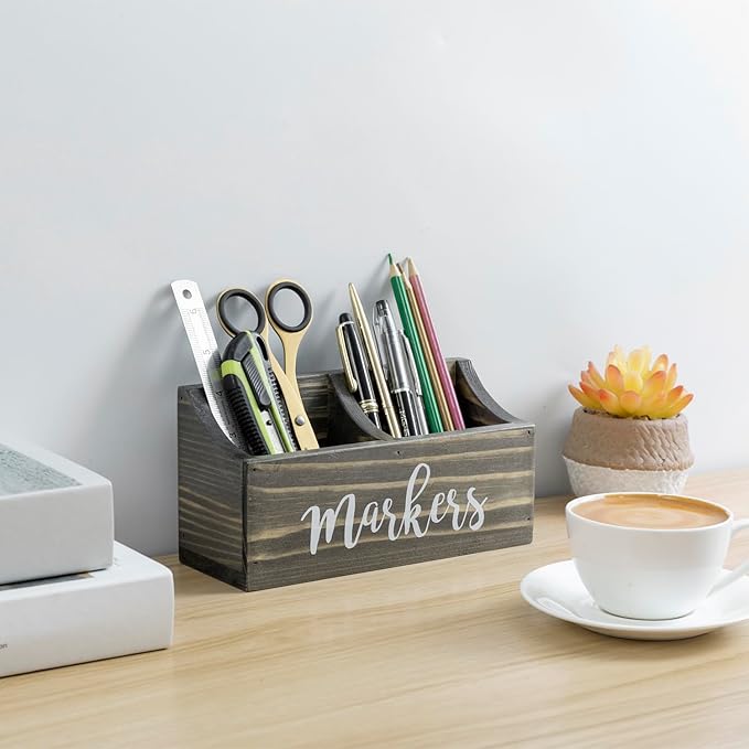 MyGift Magnetic Mount Vintage Gray Solid Wood Dry Erase Marker and Eraser Holder with 2 Compartments, Desktop Office Supplies Storage Organizer Bin with White Cursive Marker Lettering