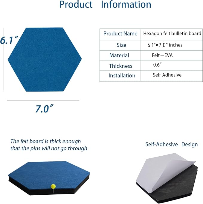 10Pcs Self Adhesive Felt Board Tiles Hexagon Bulletin Board for Walls, Felt Cork Pin Board for Pictures Photos Memos with Push Pins (Color E)