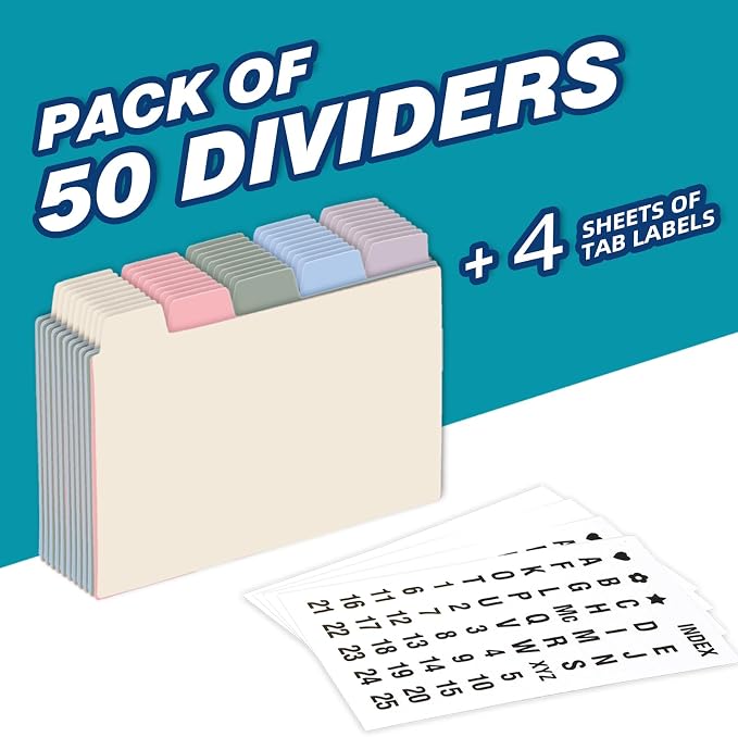 Chell 4x6 Plastic Index Card Dividers, Morandi Colors, Heavyweight Poly Index Card Guides A-Z, with Alphabetical/Blank Stickers, Pack of 50