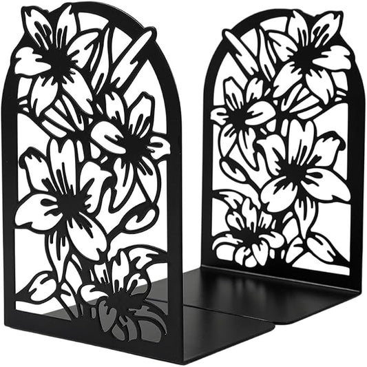 Book Ends, Bookends, Book Ends for Shelves, 2Pair Non Skid Metal Book Divider Decorative Holder, Abstract Art Desgin Book Stopper Supports for Office, Home (Floral)