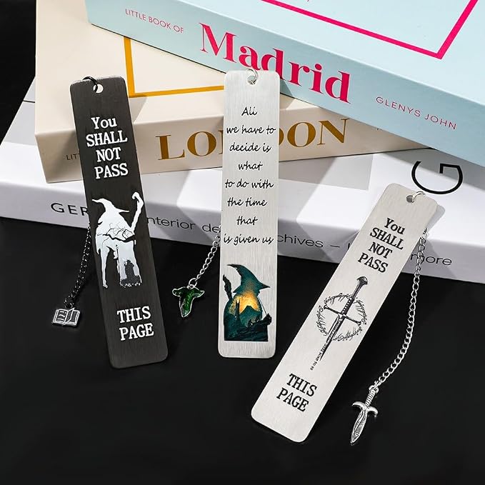 3Pcs Fantasy LOTR Metal Bookmarks Set, Elvish Leaf Pendant with Sword Charm, Evenstar Engraving, Epic Quotes Carved, Dark Academia Book Accessories, Gifts for Readers (Gandalf)