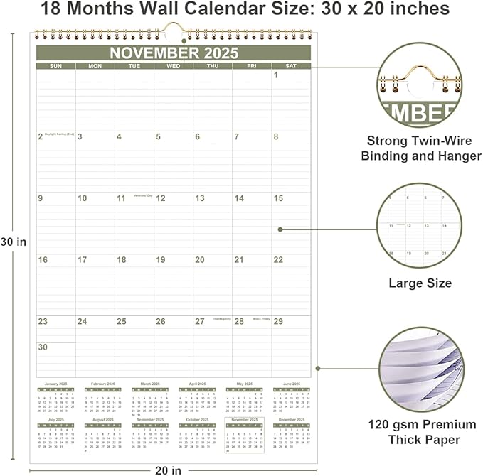 2026 Wall Calendar - Large Calendar 2026-2027 from January 2026 - June 2027, 18 Months Calendar/Planner with Thick Paper, 20" x 30", Vertical, Cyan