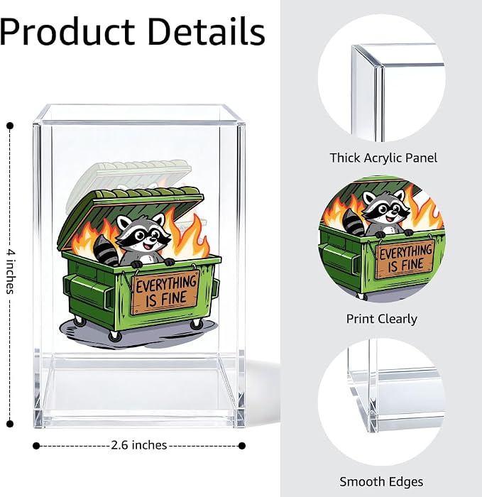Everything Is Fine Acrylic Pen Holder Cosmetic Organizer, Cute Racoon Pencil Holders & Pen Holders for Desk, Desk Accessories Office Gifts for Coworker, Dumpster Fire Gifts for Teacher Colleague