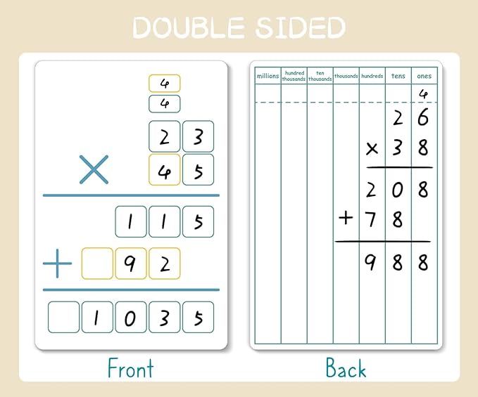 Dry Erase Long Multiplication Practice White Board, 8" x 12" Double Sided 2-Digits Math Learning with a 4" x 2.5" Multiplication Chart Board for Kids Students, Classroom and Home, Math Center