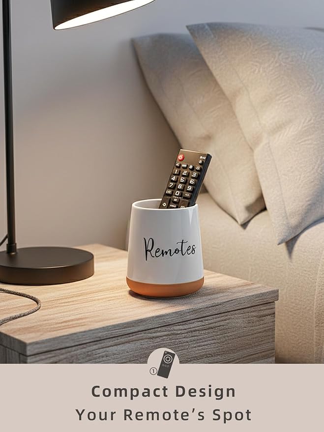 LEETOYI Ceramic Bedside Remote Caddy, 4.1" Remote Control Holder for Makeup Brushes & Office Supplies, Farmhouse Remote Organizer for Table, Living Room, Bedroom & Office