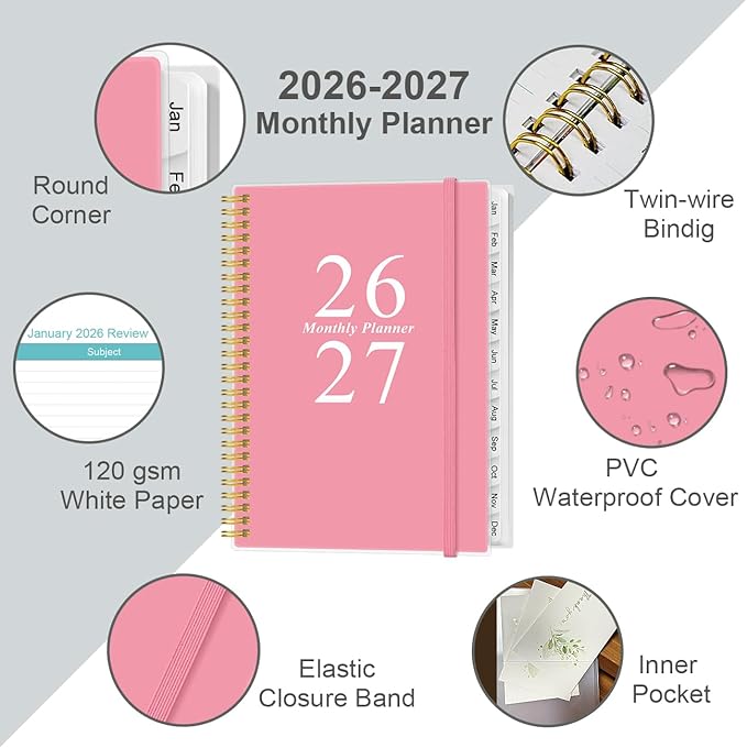 2026-2027 Monthly Planner - 18 Monthly Calendar, January 2026 - June 2027, Two Pages Per Month, 9" x11" Planner with Tabs, Strong Twin-Wire Binding, Inner Pocket, Pink