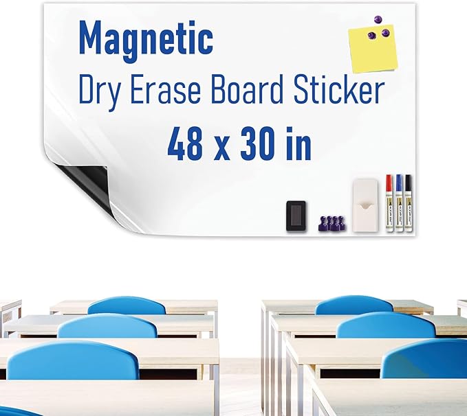 Magnetic Whiteboard Sticker Dry Erase Board for Wall - Adhesive Backing 48" x 30" Whiteboard for Classroom Office Home