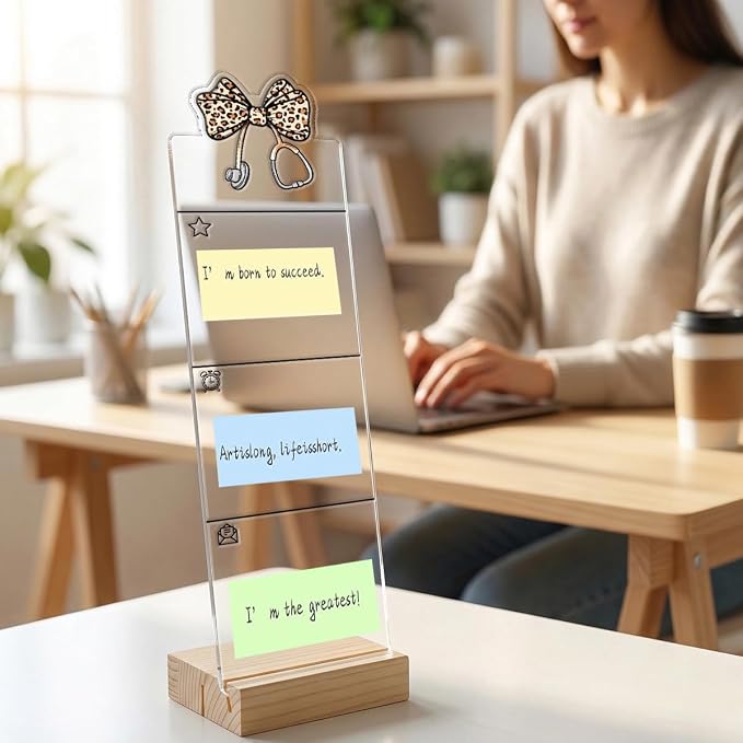 Monitor Memo Board Computer Monitor Memo Board Sticky Note Organizer Bow Stethoscope Acrylic Desk Accessories Removable Wooden Base Set Sticky Notes 100 Sheets 11.8×3.1 inches