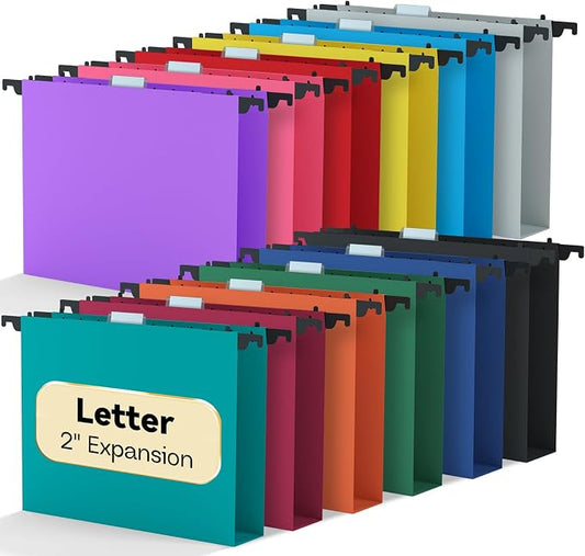 Extra Capacity Hanging File Folder Letter Size,Heavy Duty 2" Expandable Plastic File Folder with Tabs,Reinforced File Cabinet Folders,12 Pack Candy Color Hang Folder for File Drawers Frame Box