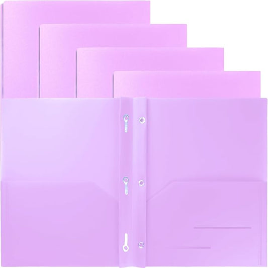 Youngever 6 Pack Heavy Duty Plastic Two Pocket Folders with 3 Prongs, Metal Prongs Fastener, Heavy Duty Plastic 2 Pocket Folder (Mauve)