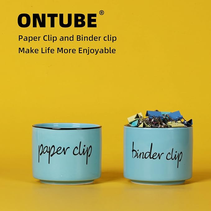 ONTUBE Ceramic Paper Clip Holder and Binder Clip Holder Set Dispenser Organizer for Desk (Turquoise)