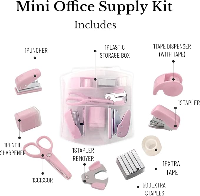 Mini Office Supply Kit Portable Case with Scissors, Mini Stapler,Tape Dispenser,Hole Puncher,Staples Mini Desktop Stapler for Office Or School Supplies