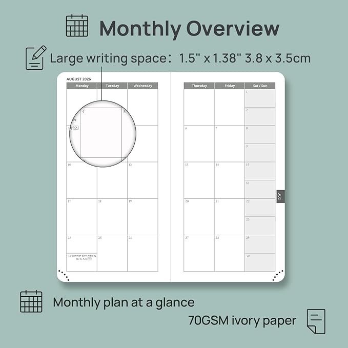 POPRUN 2026-2027 Pocket Weekly Planner for Purse, 3.5" x 6.5" Slim Size, Small Calendar from August 2026 to December 2027, Hardcover Appointment Book with Horizontal Layout, Monthly Calendar, 70 GSM Paper - Claret