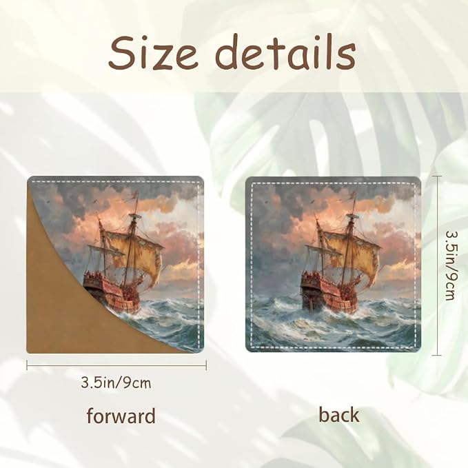 2PCS PU Leather Bookmarks 3.5x3.5 Inch Sailing Ship Ocean Design | PU leather bookmarks for books with watercolor sailing ship design for adventure novels, travel journals and ocean lovers.