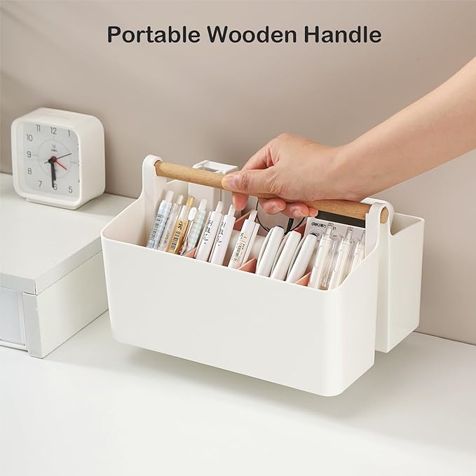 Desk Organizer, Pen Holder, Marker organizer with 8 Compartments - Portable Plastic Pencil Storage Box for Office Supplies, Art Materials, Home Organization (White Large)