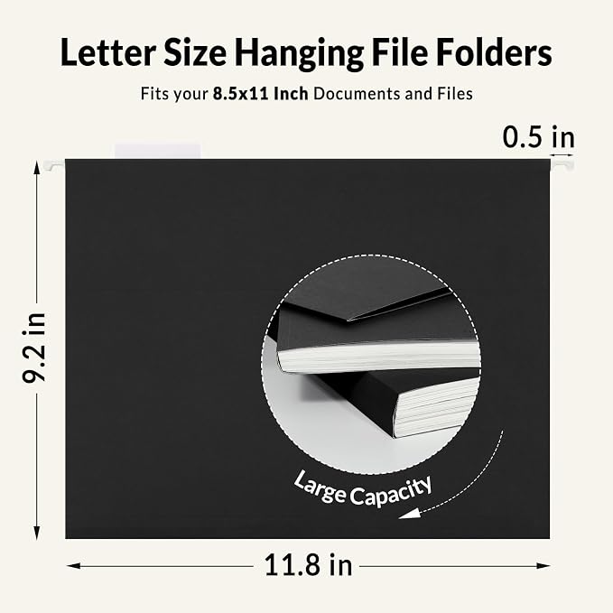 SUNEE 6 Pack Hanging File Folders,Hanging File Folders Letter Size with 1/5-cut Tabs,Black Folders,Stay Organized for Your Home and Office Bulk File and Documents