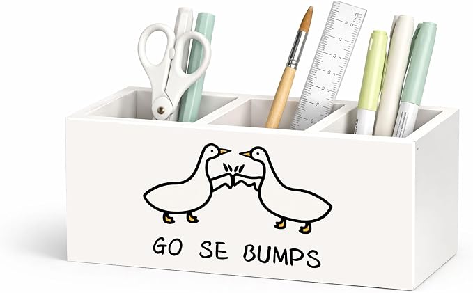 Goose Wooden Desk Organizer, Cute Goose Design Pen Pencil Holder with 3 Compartments, Decorative Office Supply Storage Box for Desk, Home, Office, Gift for Animal Lovers