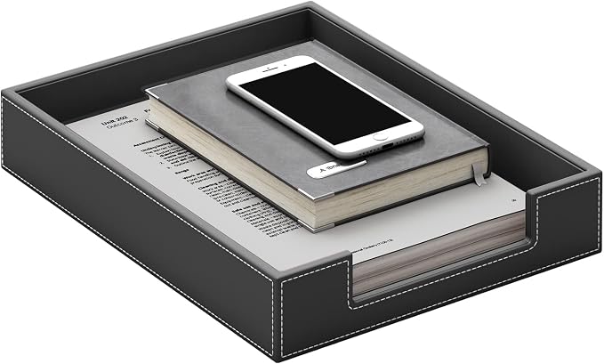 Leather Letter Tray, THIPOTEN Elegant Desk Organizer for Office Supplies, Mail, Paper, File, Magazine, Perfect Office Organization for Desktop(Black)