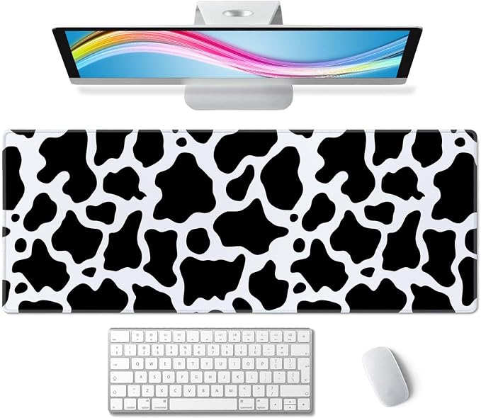 Cute Cow Pattern Desk Pad - Large XL 31.5''X 11.8'' Gaming Mousepad - White & Black - On Top of Desks - Laptop Computer Keyboard Mouse Mat