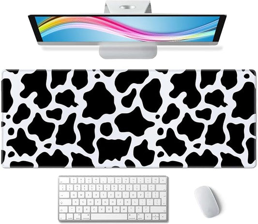 Cute Cow Pattern Desk Pad - Large XL 31.5''X 11.8'' Gaming Mousepad - White & Black - On Top of Desks - Laptop Computer Keyboard Mouse Mat