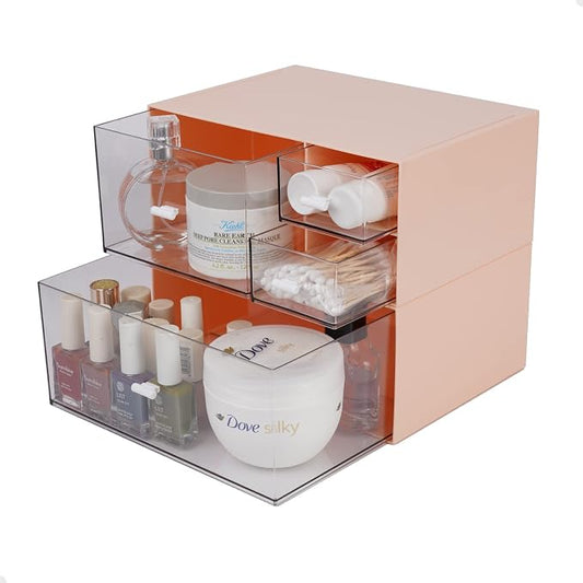 Desk Craft Organizer and Storage with 4 Mixed Drawers, Stackable Plastic Desktop Accessories & Workspace Organizer for Office Stationary, Makeup Skincare, Sanitation Supplies, Pink