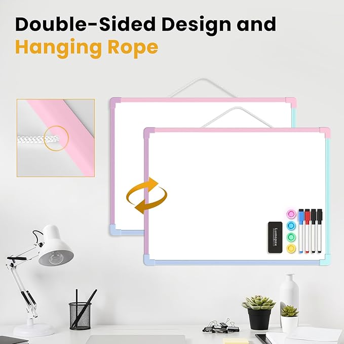 Colorful Frame Small Dry Erase Board for Wall, 16" x 12" Double-Sided Hanging Whiteboard with 4 Markers, 4 Magnets and 3 Mini Sticky Notes, Portable Whiteboard for Home, Office, School