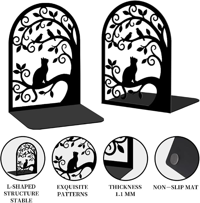 2 Pcs Metal Bookends, Unique Cat Book Ends for Shelves Sturdy Book Organizers and Decorative Books Accessories for Home Office and Library