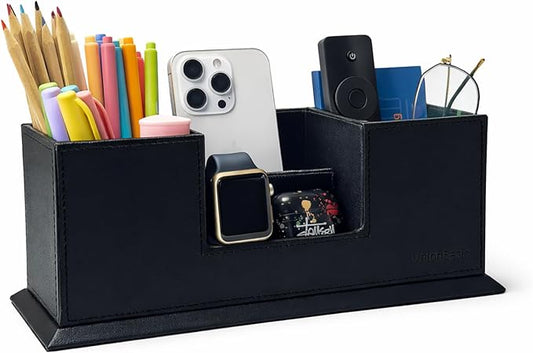 UnionBasic Desk Organizer, Desktop Caddy Leather Multi-compartment Pen Holder Office Stationer Organizer, Black