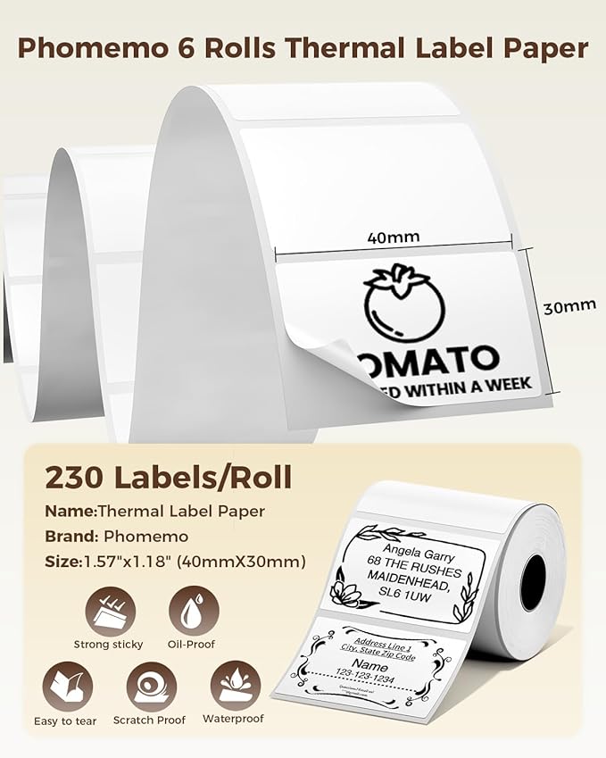 Phomemo Labels M110-1380 Pcs 1.57"x1.18" (40mm x 30mm) Thermal Labels- for M110/M220/M100/M221/M250/M260 Label Printer,for Barcode/Address/Mailing/Logo/Business/Home, Black On White