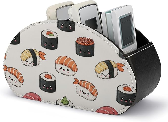 Remote Control Organizer Box with 5 Compartments, PU Leather Desktop Caddy for Media Controllers, Office, and Living Room, Kawaii Food Theme Japanese Sushi