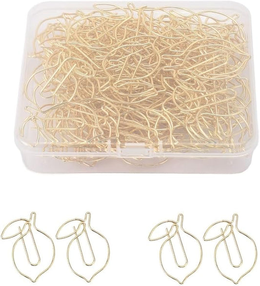 100Pcs Gold Lemon Shape Paper Clips - Iron Bookmark Clips for Office Home Use, Cute Design with Transparent Storage Box