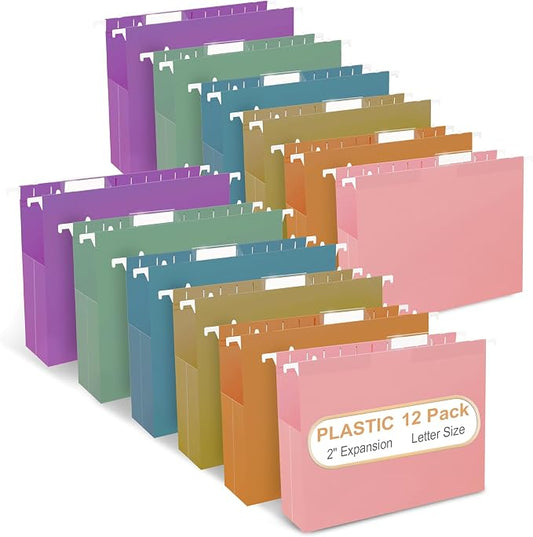 12 Pack Extra Capacity Plastic Hanging File Folders, Heavy Duty 2-Inch Expansion, Reinforced Expanding File Organizer with 1/5-Cut Tabs for Letter Size Documents, Filing Cabinets Desk Drawers