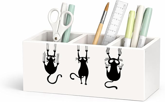 Funny Cat Pencil Holder, Wooden Desk Organizer with Cartoon Cats Climbing, Pen and Pencil Storage, Office and Study Desk Accessories